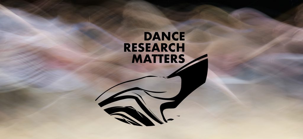 Dance Research Matters transparent logo with Dance Research Matters text and black swirling shapes in the centre on top of a blurred image of swirling dancers. Event image banner. 